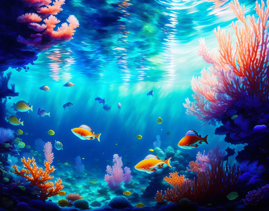 Colorful Coral Reefs and Fish in Sunlit Underwater Scene