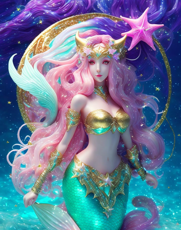 Fantastical mermaid with pink hair, golden crown, and green tail in cosmic setting