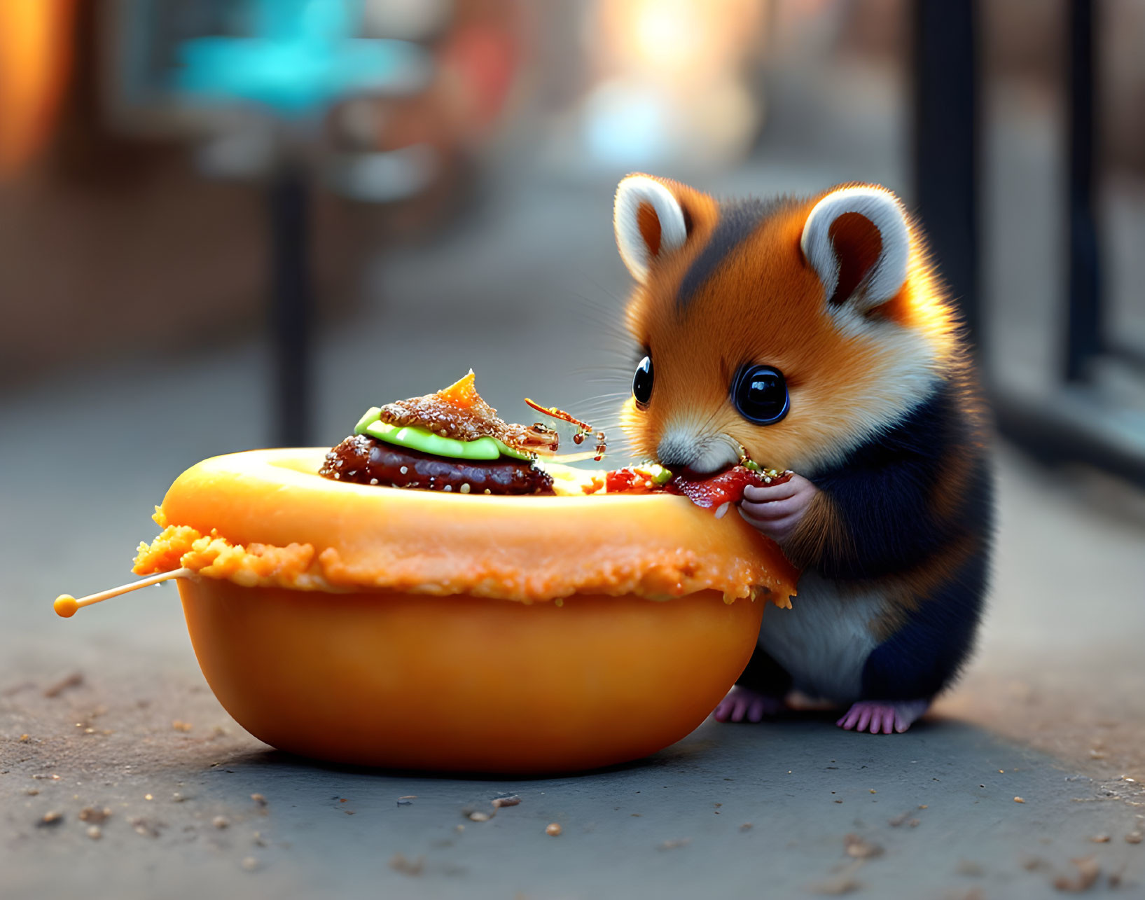 Animated chipmunk enjoying a large hamburger in urban background