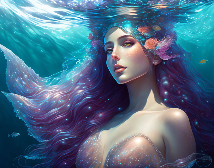 Mermaid with Purple Hair and Translucent Tail in Underwater Scene