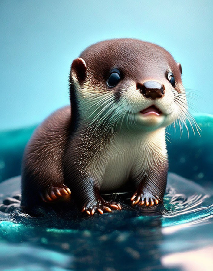 Brown Otter with Glossy Fur in Shallow Water on Blue Background