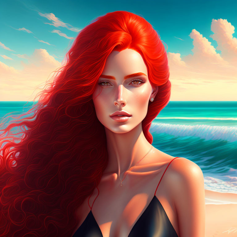 Digital Artwork: Woman with Red Hair and Green Eyes in Black Garment against Blue Ocean Sky