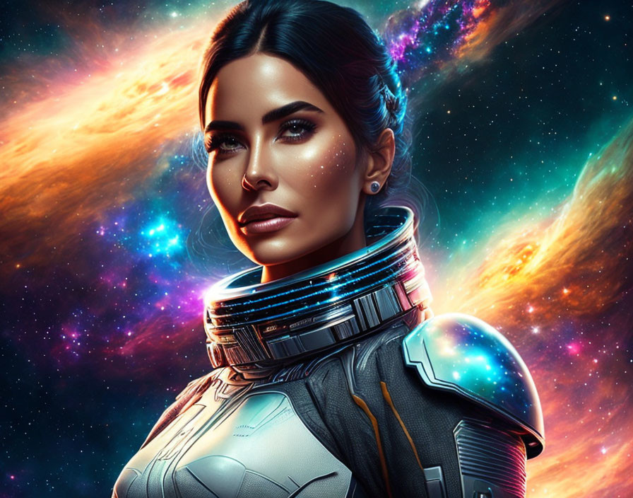 Detailed Female Astronaut in Futuristic Space Armor on Cosmic Background