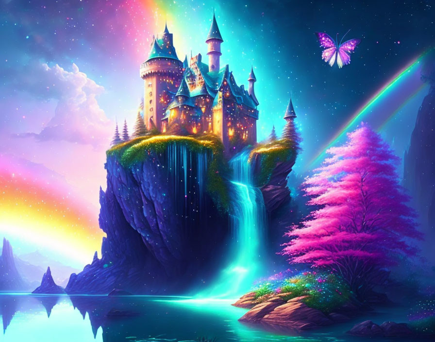 Fantasy castle on cliff with neon flora, rainbow, butterfly, waterfalls, starry sky