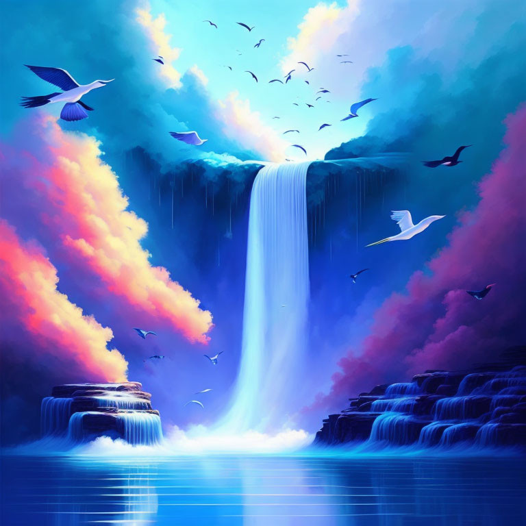 Colorful digital artwork: Waterfall, cliffs, sunset sky, birds