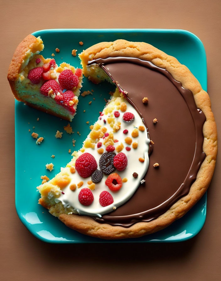 Chocolate Glazed Tart with Cream Filling and Berries on Teal Plate