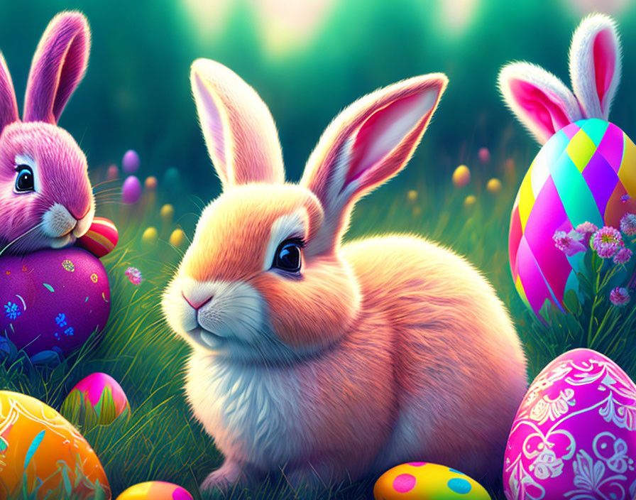 Vibrant digital artwork of cute bunnies and Easter eggs in grassy field