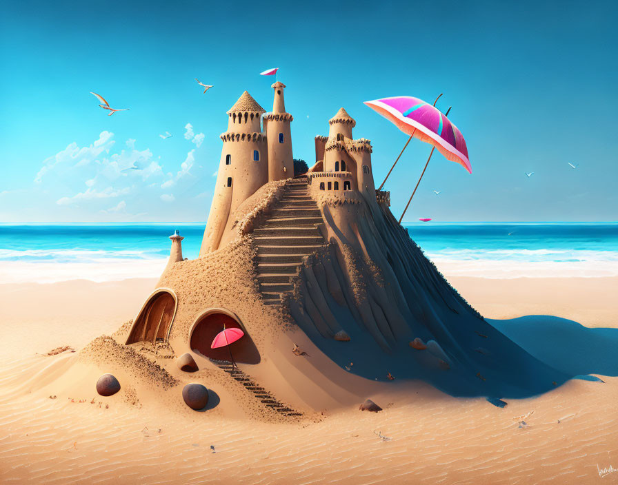 Colorful sandcastle with turrets and flags on a beach with umbrella, seagulls, and