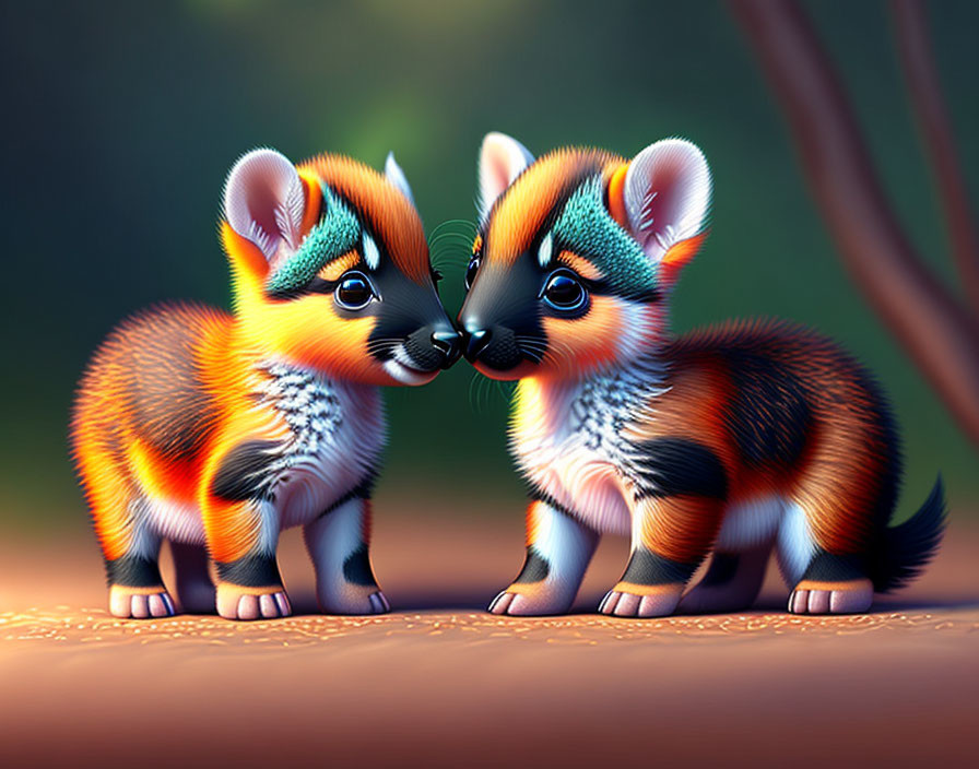 Colorful Cartoon Creatures Touch Noses in Forest Setting