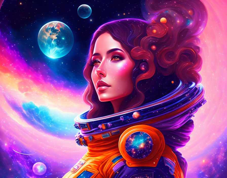 Colorful digital portrait: Woman with cosmic-themed spacesuit and flowing hair.