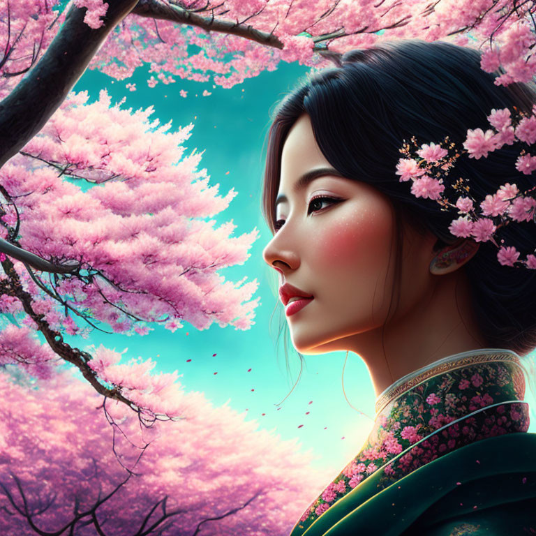 Digital Artwork: Woman in Traditional Attire Among Cherry Blossoms