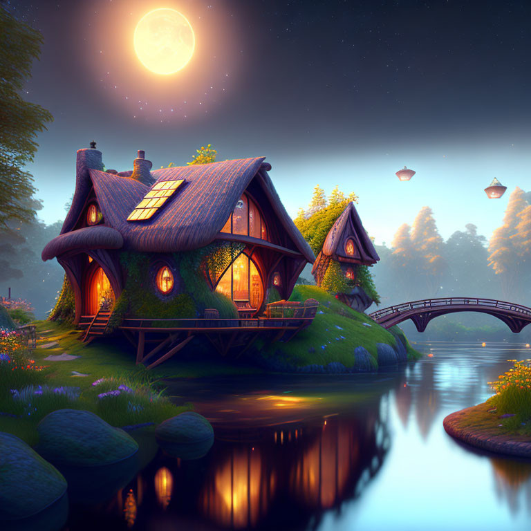 Riverside cottage with glowing windows under moonlit sky