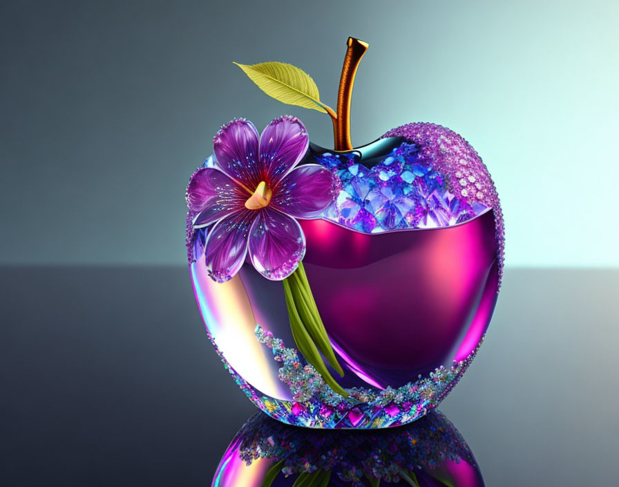 Stylized digital artwork of a glossy purple apple with crystals and a vibrant flower