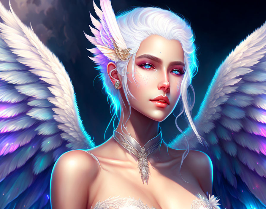 Fantastical female figure with white hair and vibrant wings on dark backdrop