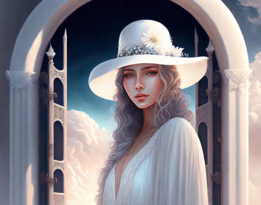 Digital artwork: Woman with wavy hair in white hat and dress under archway against cloudy sky