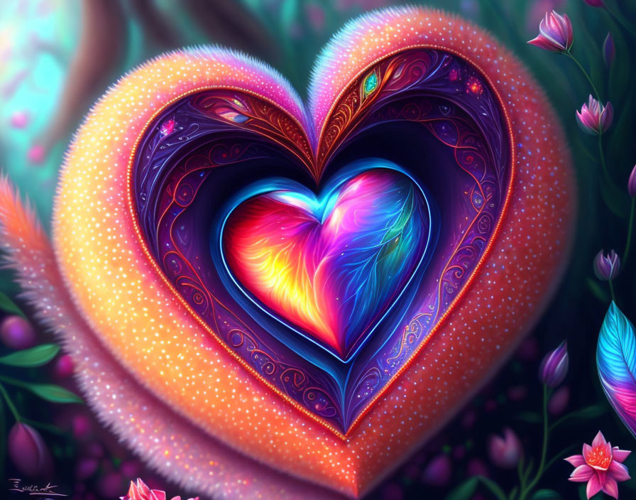 Colorful layered heart art with intricate patterns and rainbow core surrounded by flora