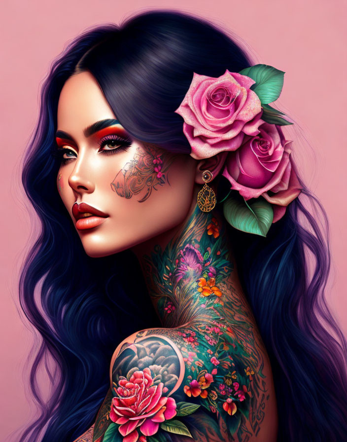 Woman with Floral Tattoos and Blue Hair on Pink Background