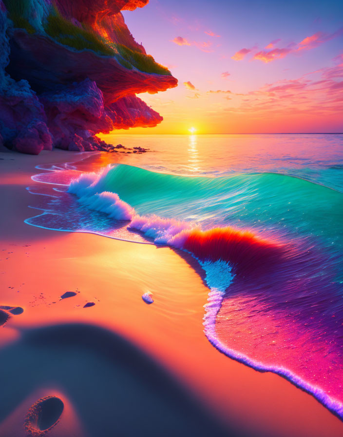 Colorful waves crash on sandy beach under vivid sunset