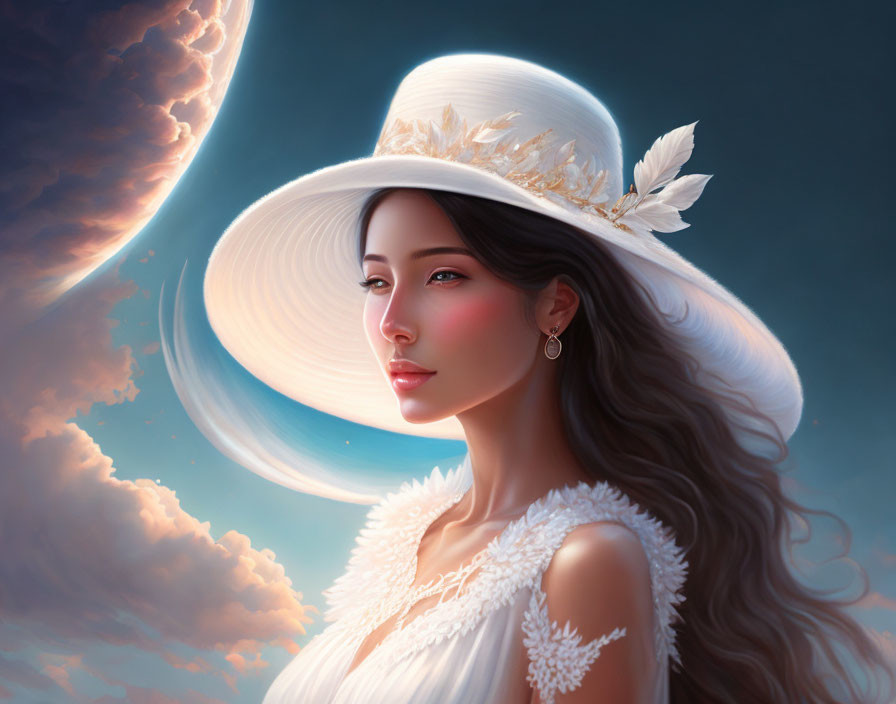 Digital Artwork: Serene Woman in White Dress and Hat under Celestial Sky