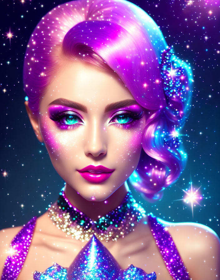 Vibrant pink hair woman with sparkling makeup on cosmic background