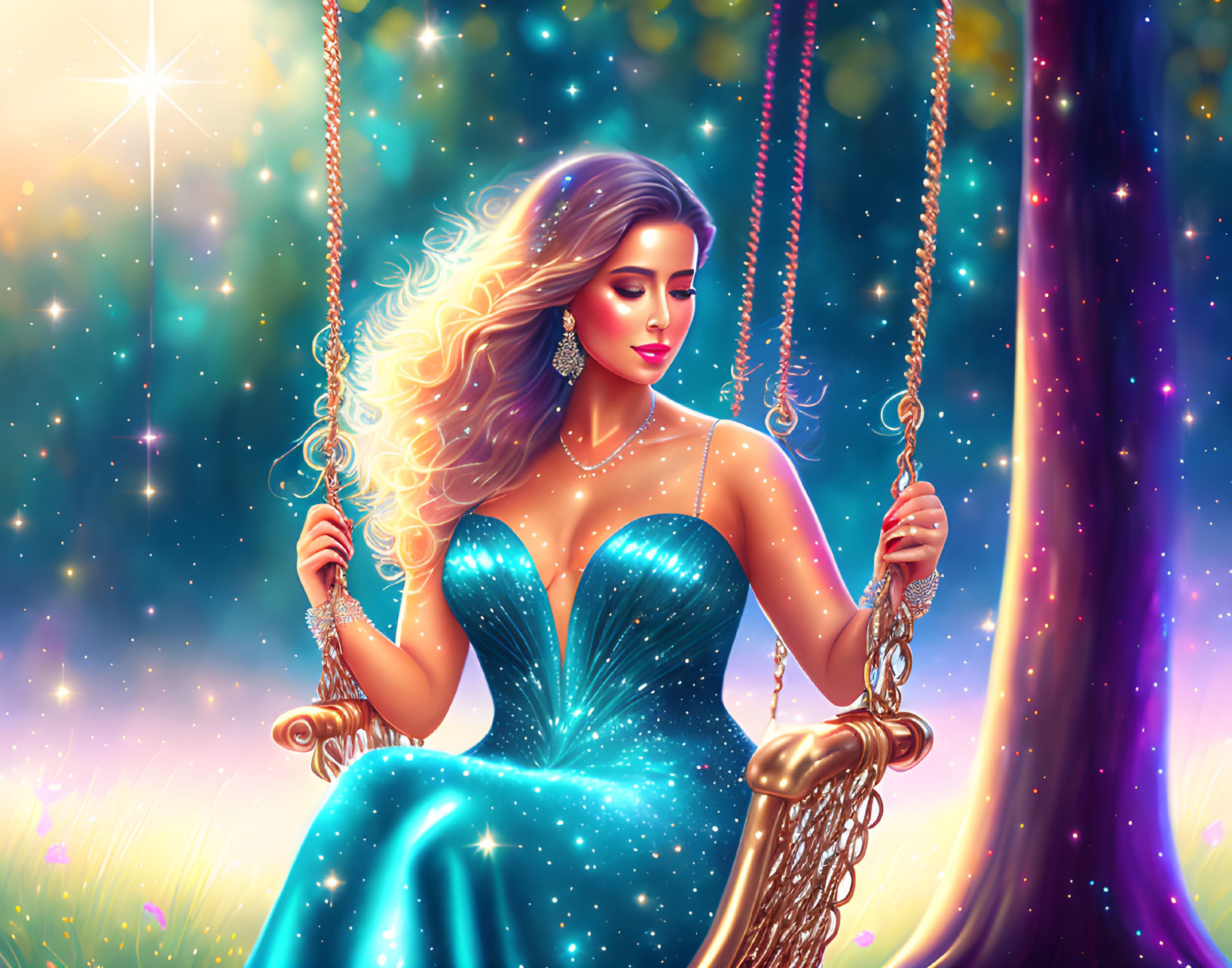 Woman in Sparkling Blue Dress on Swing in Magical Forest Glade