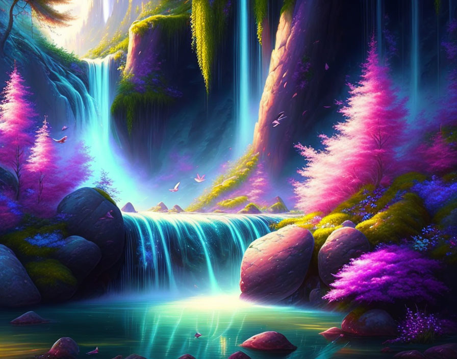 Colorful Fantasy Landscape with Waterfall and Glowing Light