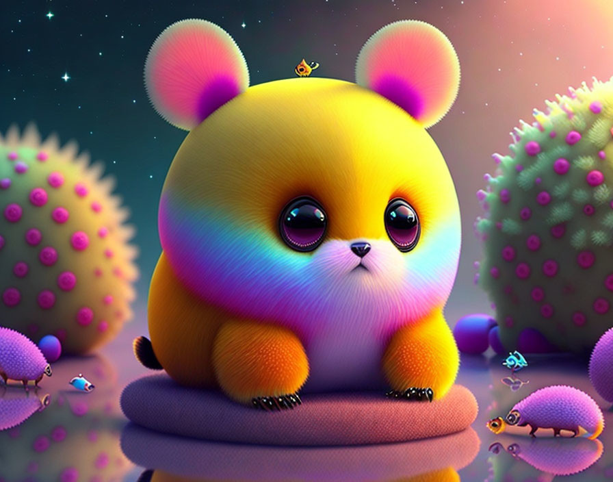 Colorful fantasy illustration of chubby animal with oversized ears in vibrant, whimsical setting.