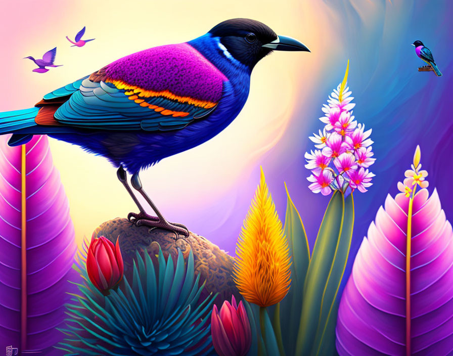 Colorful bird perched on branch with flowers and leaves