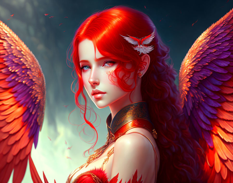 Digital art portrait: Woman with red hair, feathered wings, gold jewelry, serene expression