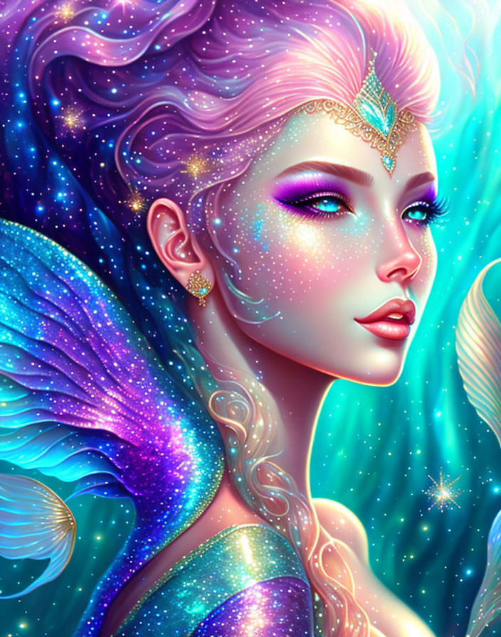 Colorful fantasy fairy portrait with turquoise wings and starry skin.