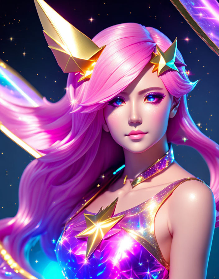 Colorful digital artwork of a woman with pink hair and cosmic theme