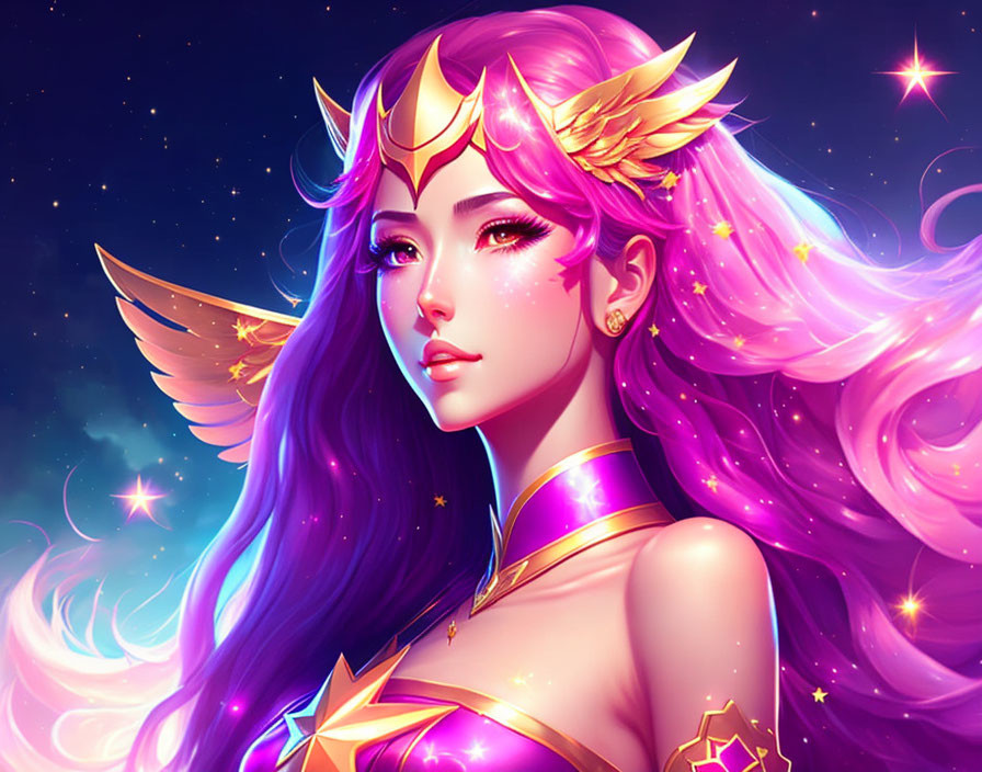 Illustrated female character with purple hair, gold winged tiara, and glowing golden armor.