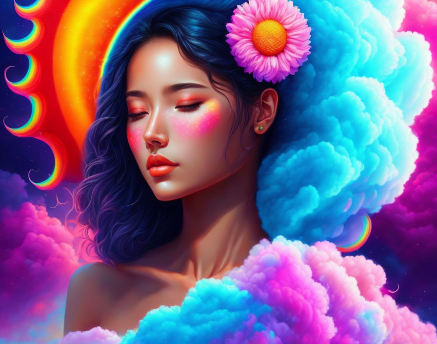 Colorful surreal portrait of a woman with flower in hair & vibrant swirls