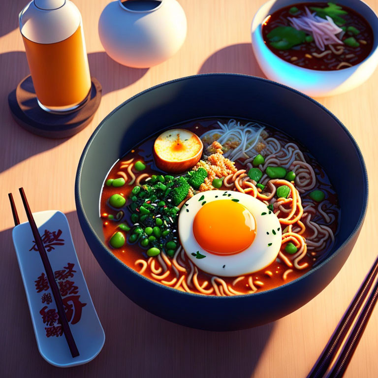 Traditional ramen bowl with soft-boiled egg, green onions, and narutomaki on wooden surface