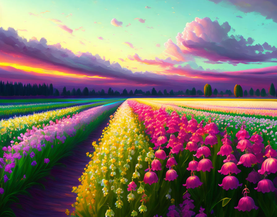 Vibrant sunset sky over colorful flower fields