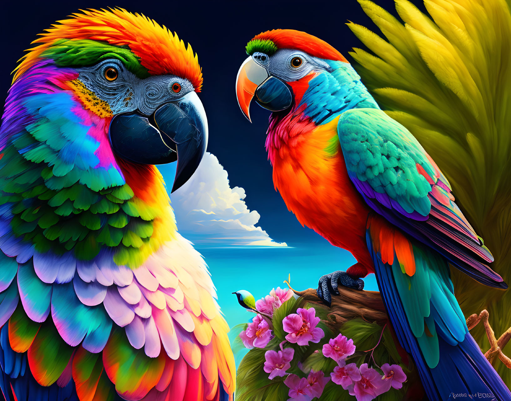 Colorful Parrots Perched on Branch in Tropical Setting