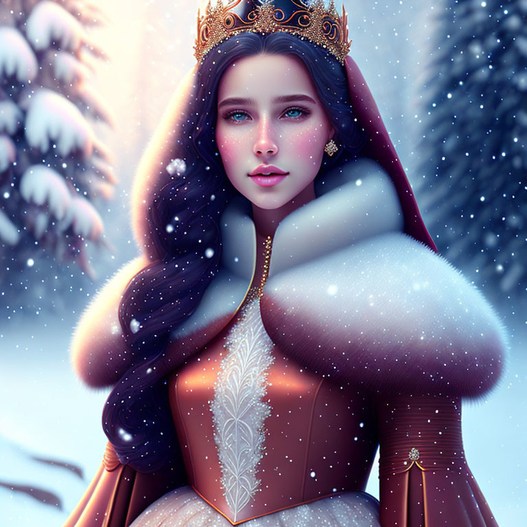 Digital artwork of royal figure with dark hair and blue eyes in snowy landscape