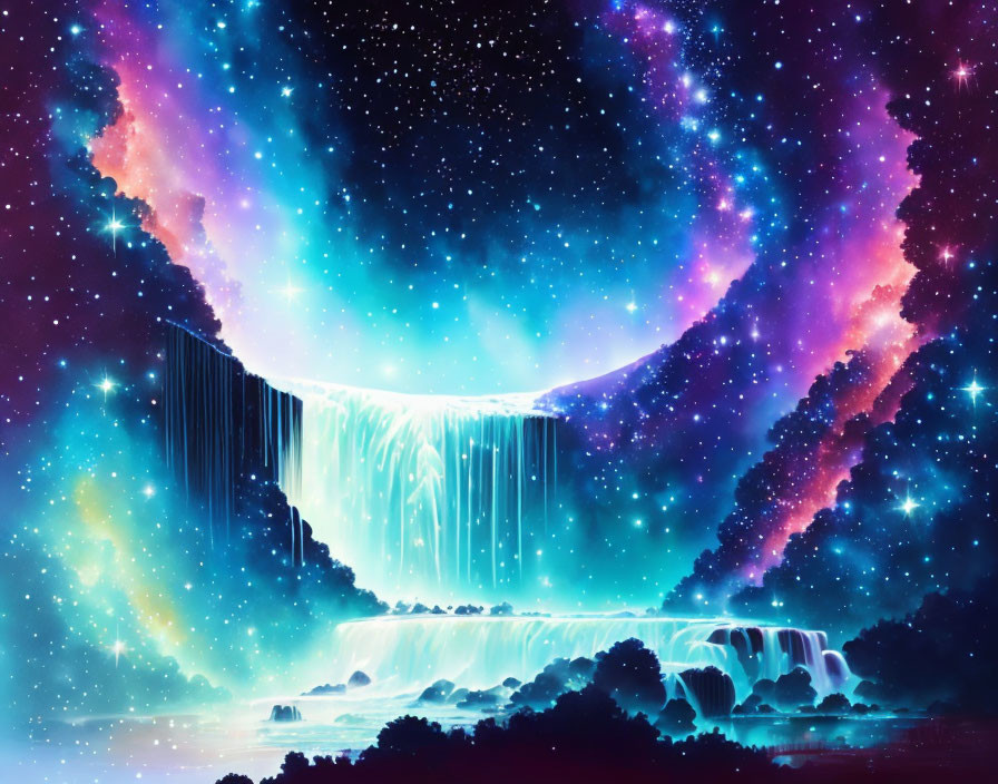 Colorful Cosmic Waterfall in Blue, Purple, and Yellow Swirls