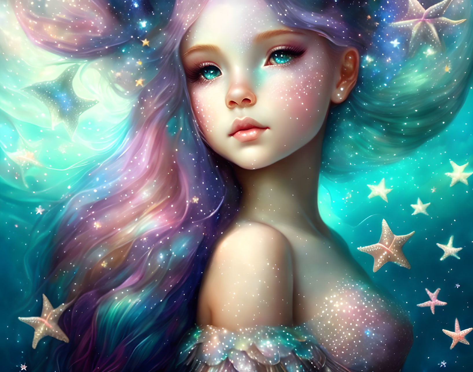 Mystical girl with multicolored hair in cosmic setting