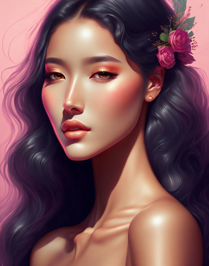 Digital portrait of woman with long wavy hair, floral hair accessories, bold makeup, pink backdrop