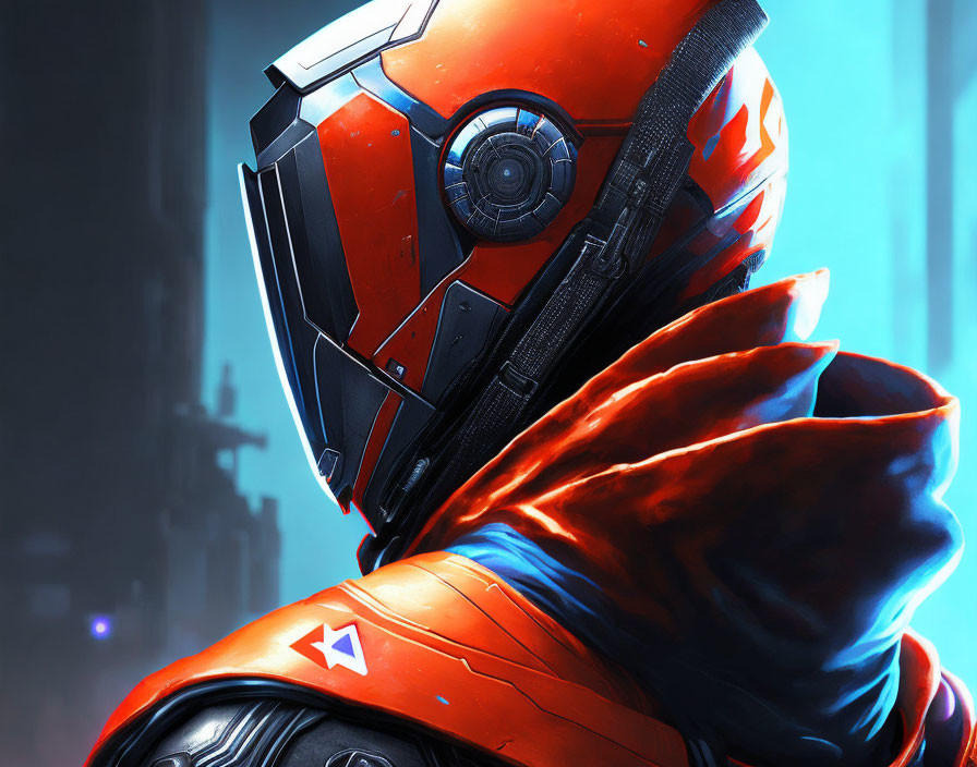 Character in Orange and Black Futuristic Helmet with Red Cloak