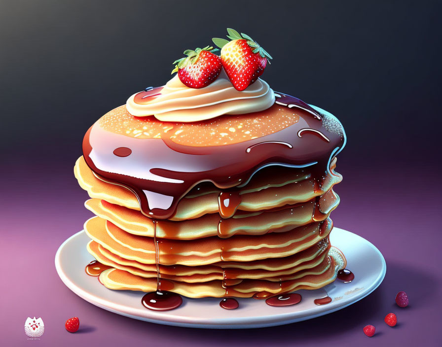 Plate of pancakes with syrup, cream, strawberries, and spilled berries with cat icon