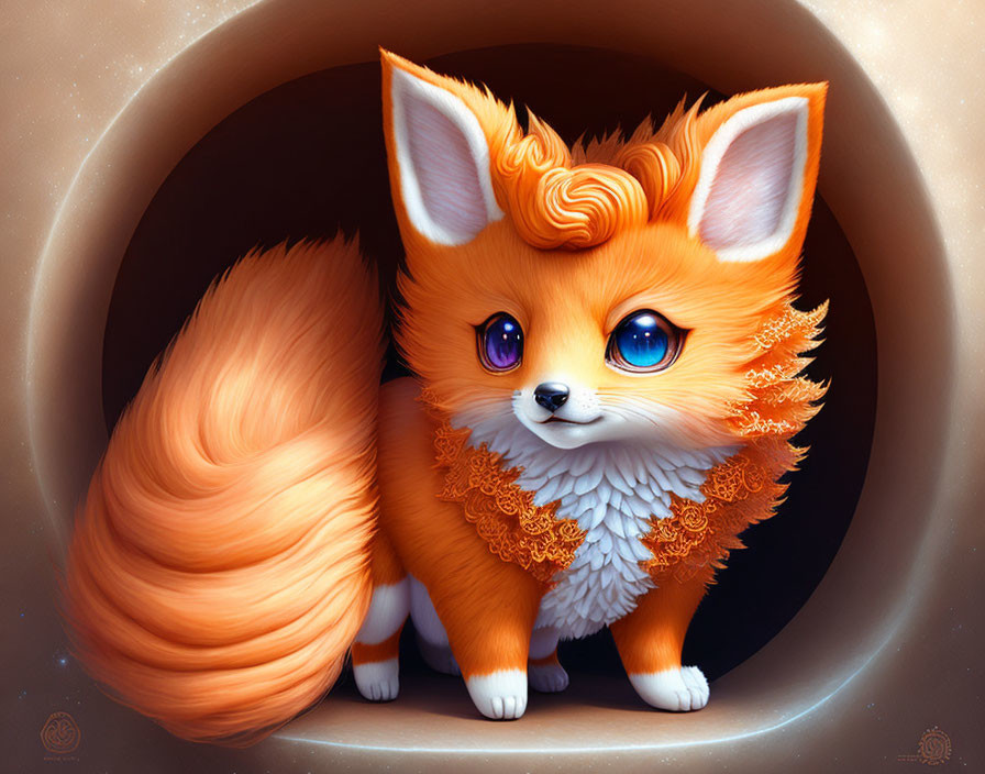 Stylized fluffy orange fox with blue eyes in cozy burrow