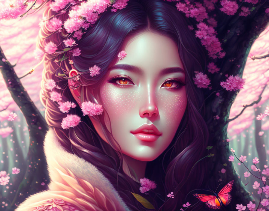 Illustrated portrait of woman with glowing eyes in pink blossoms and butterfly against dreamy pink tree.