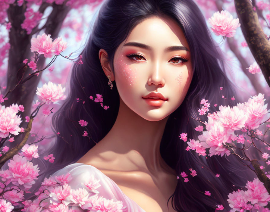 Dark-haired woman with pink makeup in cherry blossom setting.