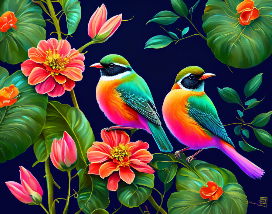 Colorful Birds Perched Among Green Leaves and Coral Flowers