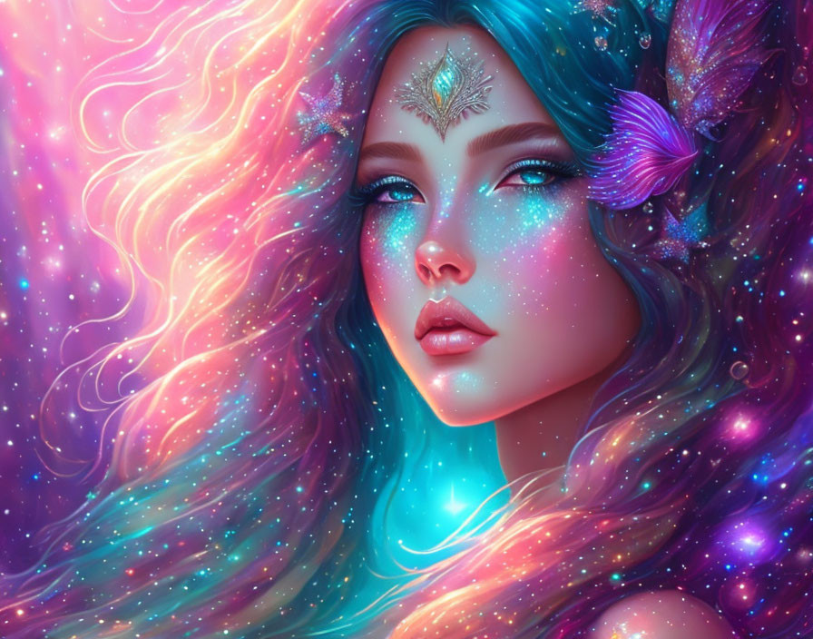 Colorful digital portrait of mythical female with multicolored hair and gold forehead piece