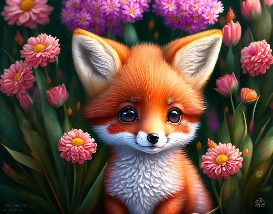 Stylized red fox in pink flowers and green foliage