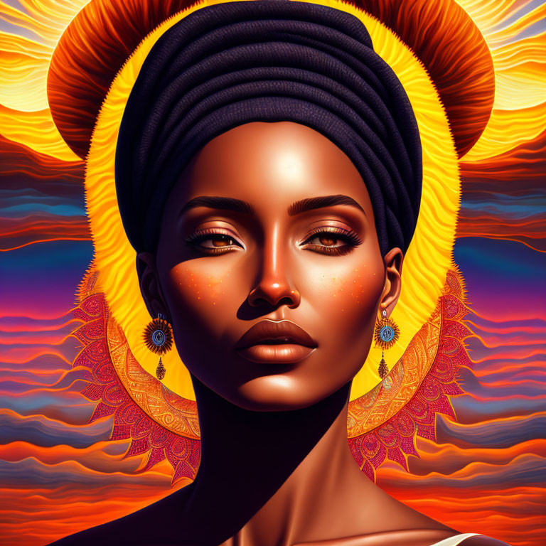 Digital portrait of woman with dark skin and blue headwrap against stylized sun in vibrant hues.