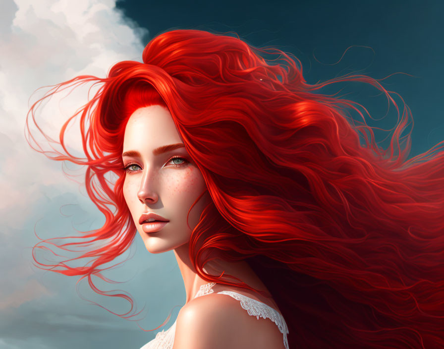 Vibrant red-haired woman against cloudy sky - digital artwork